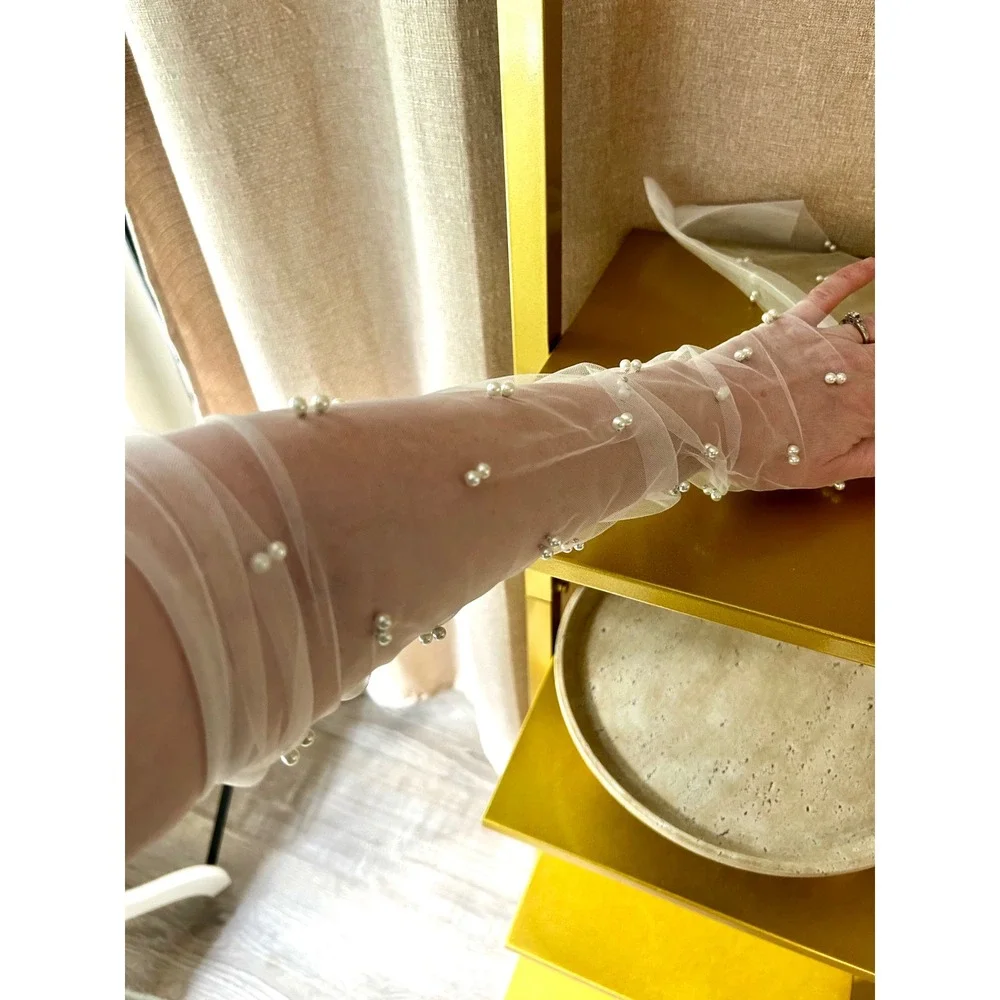 White Tulle Pearl Bridal Gloves Sheer Mesh Fingerless Opera Arm Warmers Wedding